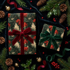 Luxury botanical Christmas wrapping paper with velvet bows on holiday gifts by Wrapped Studios.