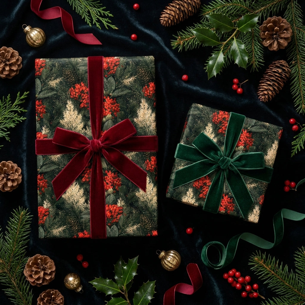 Luxury botanical Christmas wrapping paper with velvet bows on holiday gifts by Wrapped Studios.