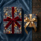 Luxury Christmas wrapping paper with pine cone pattern and velvet bows by Wrapped Studios.