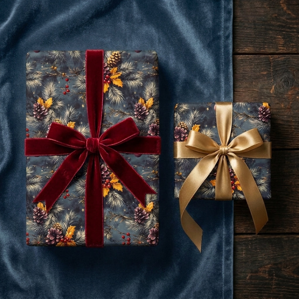 Luxury Christmas wrapping paper with pine cone pattern and velvet bows by Wrapped Studios.