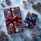 Luxury Christmas wrapping paper with a winter floral pattern and red velvet bow by Wrapped Studios.