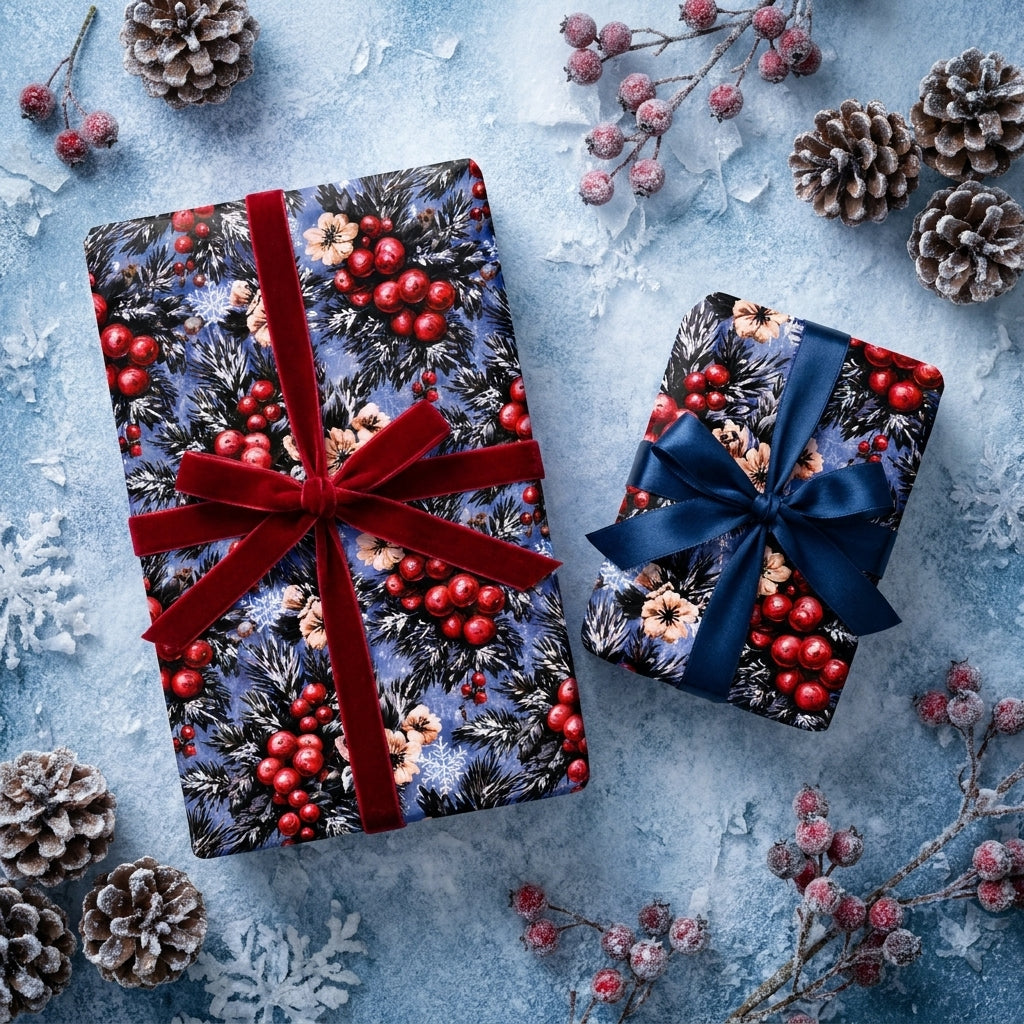 Luxury Christmas wrapping paper with a winter floral pattern and red velvet bow by Wrapped Studios.