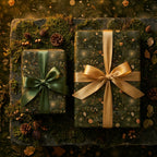 Luxury botanical Christmas wrapping paper with gold and green satin ribbons on mossy stone by Wrapped Studios.