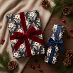 Vintage floral Christmas wrapping paper with luxury velvet ribbon on holiday gifts by Wrapped Studios.