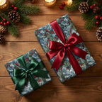Luxury botanical Christmas wrapping paper with satin ribbons on rustic wood, by Wrapped Studios.