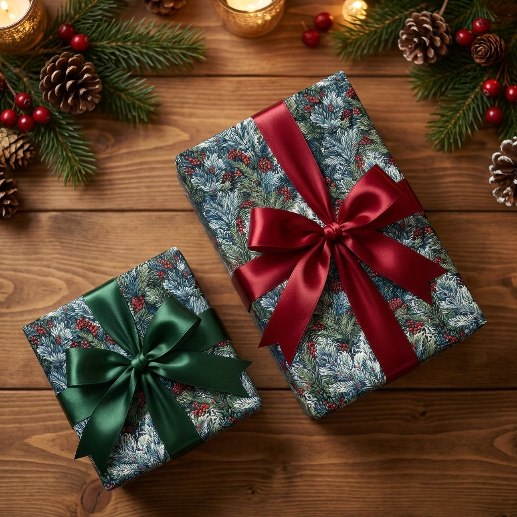 Luxury botanical Christmas wrapping paper with satin ribbons on rustic wood, by Wrapped Studios.