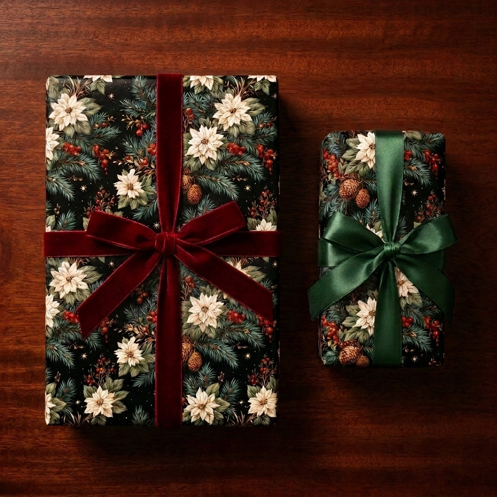 Luxury Christmas wrapping paper with vintage floral poinsettias and velvet ribbon by Wrapped Studios.