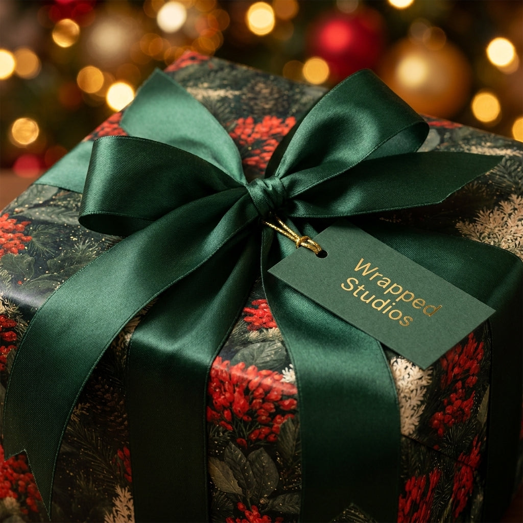 Luxury botanical Christmas wrapping paper with dark green ribbon and gift tag by Wrapped Studios.
