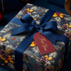 Luxury navy blue Christmas wrapping paper with a botanical pinecone print and blue bow by Wrapped Studios.