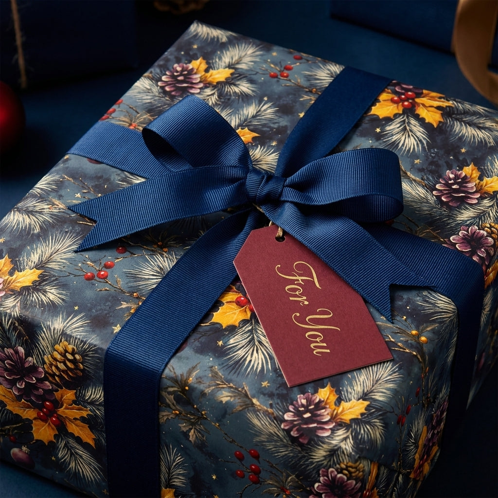 Luxury navy blue Christmas wrapping paper with a botanical pinecone print and blue bow by Wrapped Studios.