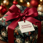 Vintage Christmas wrapping paper featuring floral poinsettia print and red ribbon bow by Wrapped Studios.