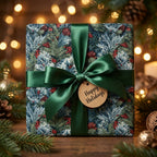 Luxury Christmas wrapping paper with pine pattern, green bow, and holiday tag by Wrapped Studios.