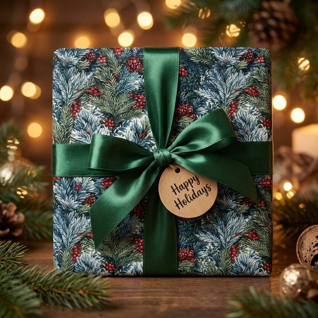 Luxury Christmas wrapping paper with pine pattern, green bow, and holiday tag by Wrapped Studios.
