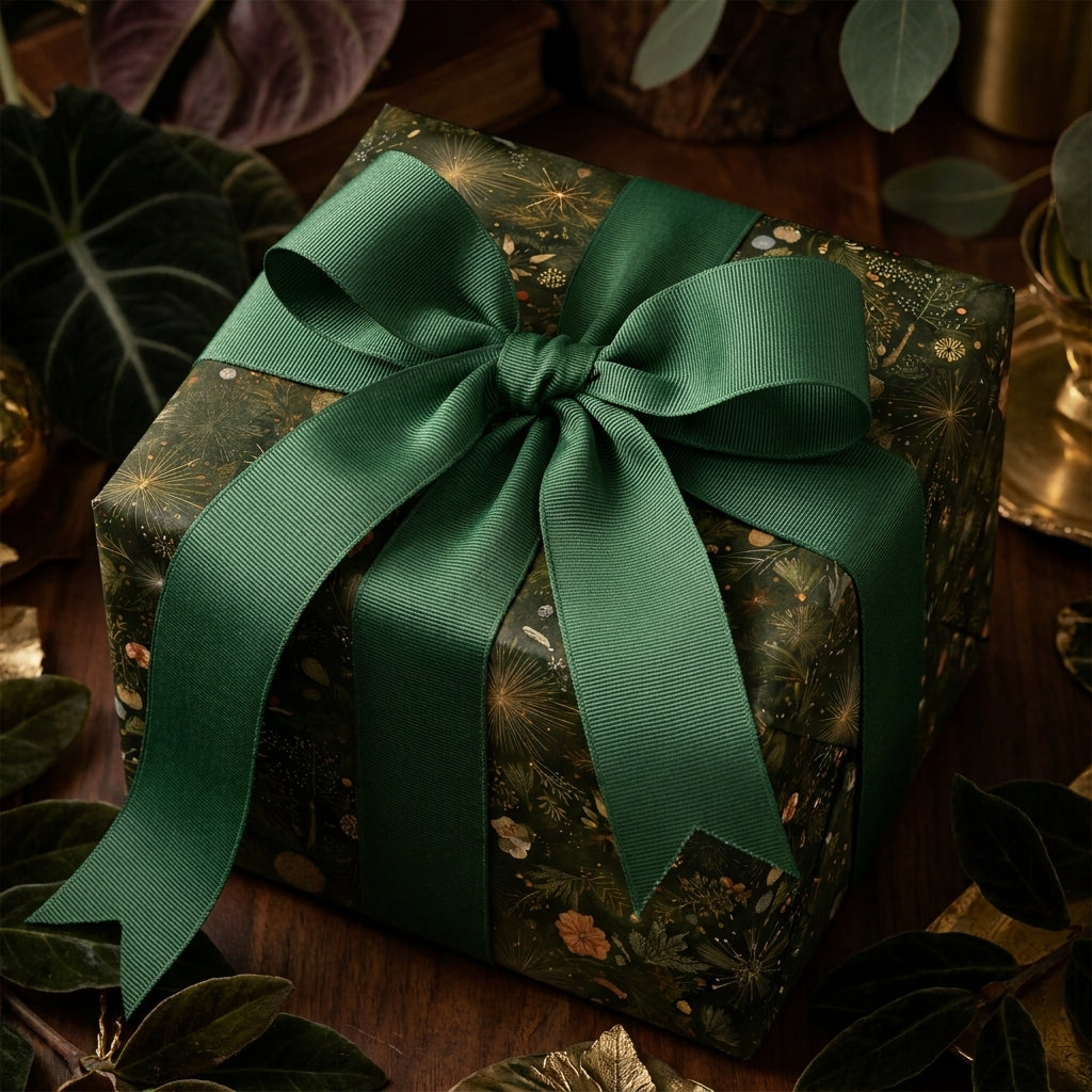 Luxury dark botanical Christmas wrapping paper with a green grosgrain bow by Wrapped Studios.