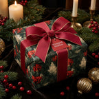 Elegant botanical Christmas wrapping paper with holiday pine pattern and red ribbon bow by Wrapped Studios.
