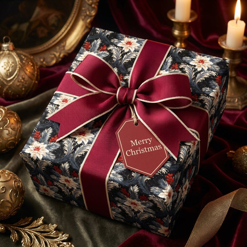 Luxury vintage floral Christmas wrapping paper on a gift box with a burgundy ribbon by Wrapped Studios.
