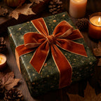 Luxury botanical Christmas wrapping paper in forest green with a rust velvet bow by Wrapped Studios.