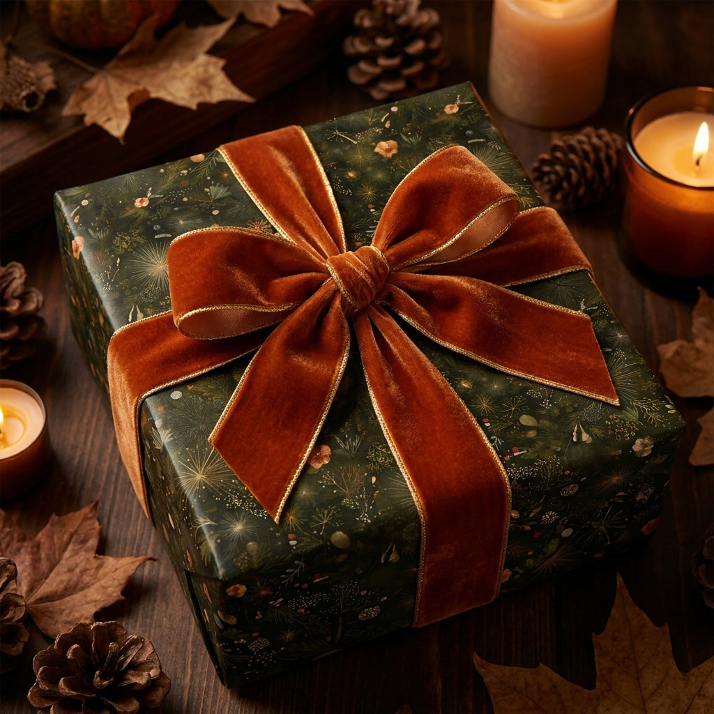 Luxury botanical Christmas wrapping paper in forest green with a rust velvet bow by Wrapped Studios.