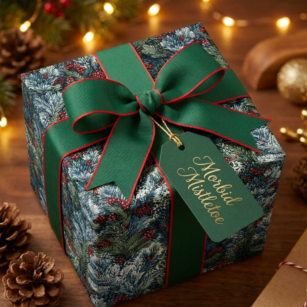 Luxury botanical Christmas wrapping paper with a green bow and holiday gift tag by Wrapped Studios.