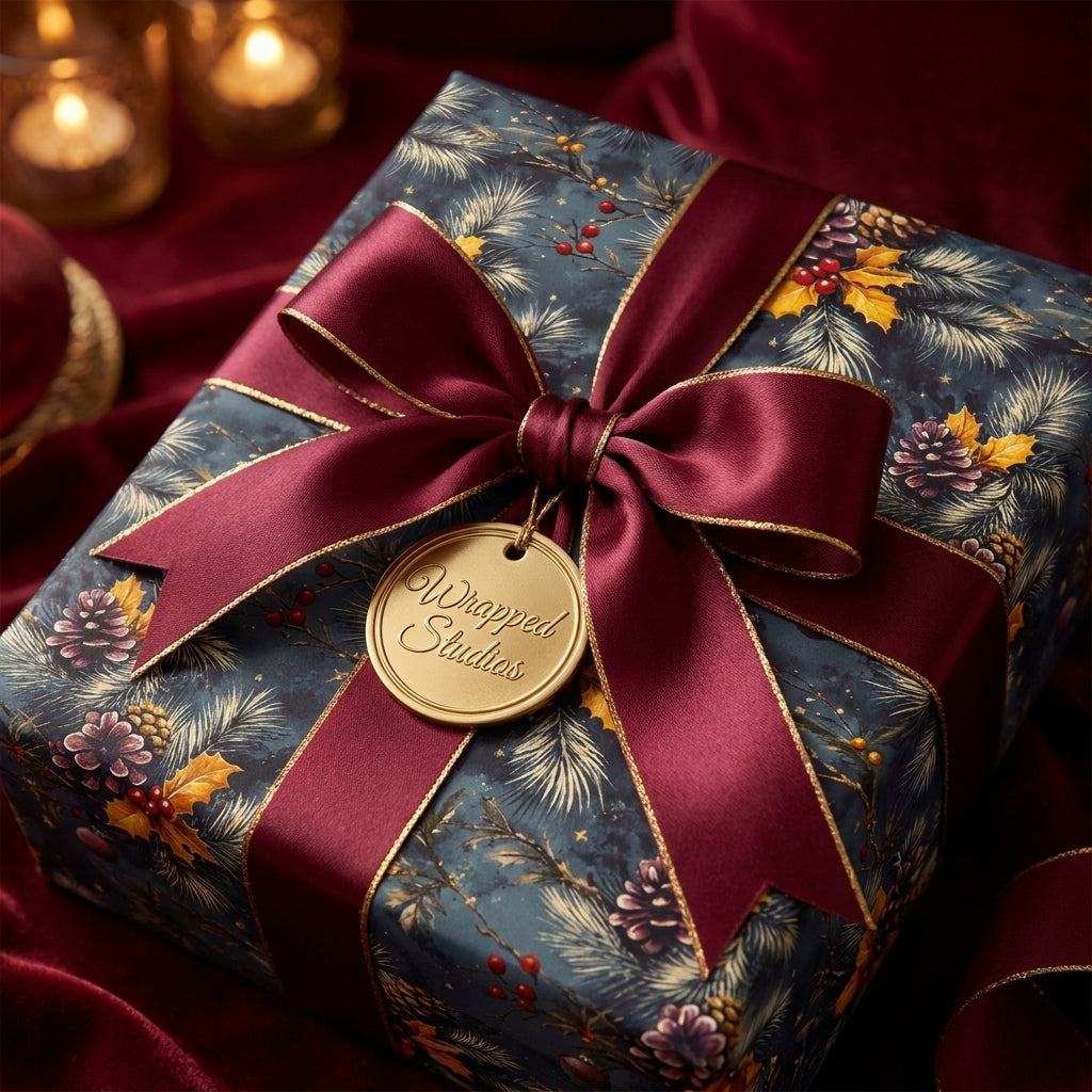 Luxury Christmas gift wrap with botanical pinecone print, burgundy satin ribbon, and a gold Wrapped Studios tag.
