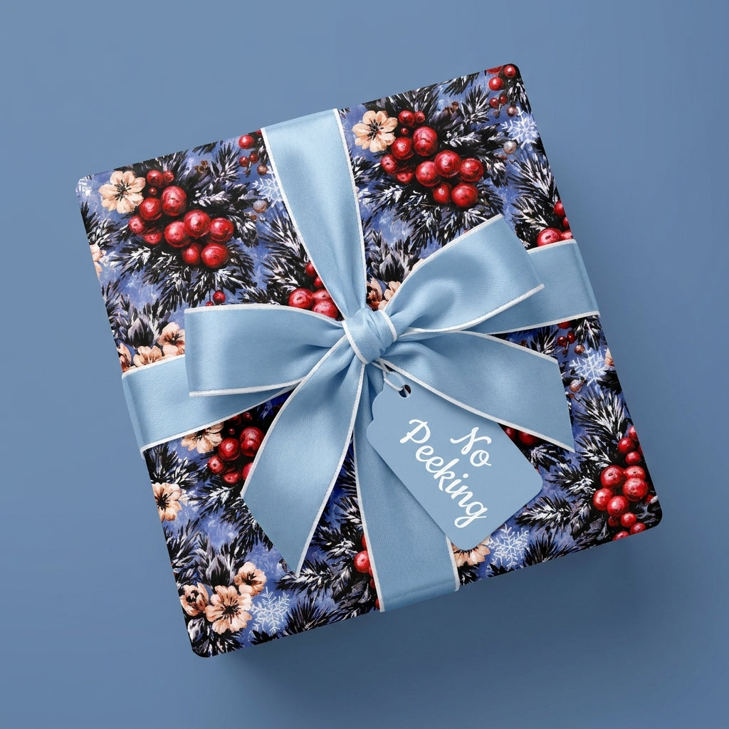 Elegant winter floral Christmas wrapping paper with blue bow and gift tag by Wrapped Studios.