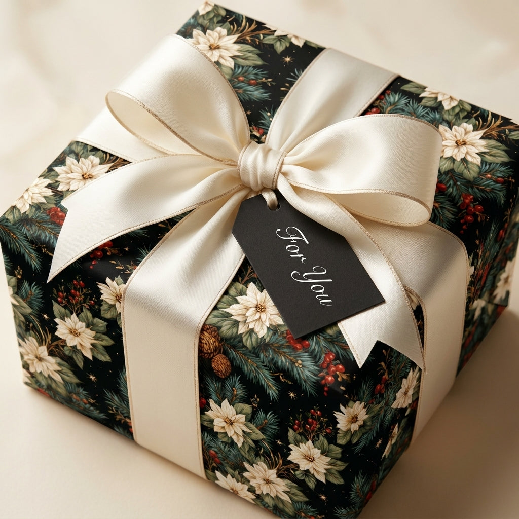 Elegant Christmas wrapping paper with white poinsettias and ivory satin bow by Wrapped Studios.