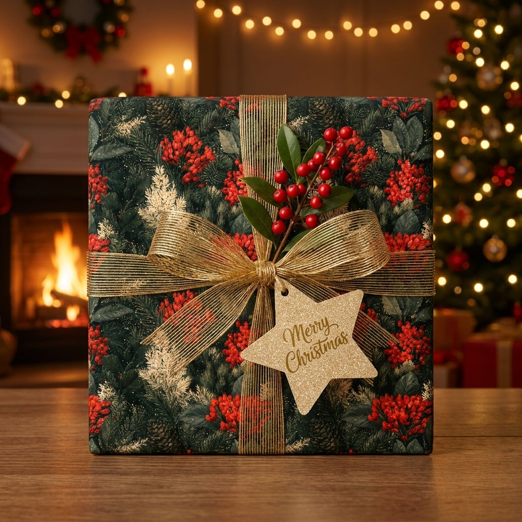 Luxury Christmas wrapping paper with botanical pine and berries by Wrapped Studios, tied with a gold bow.