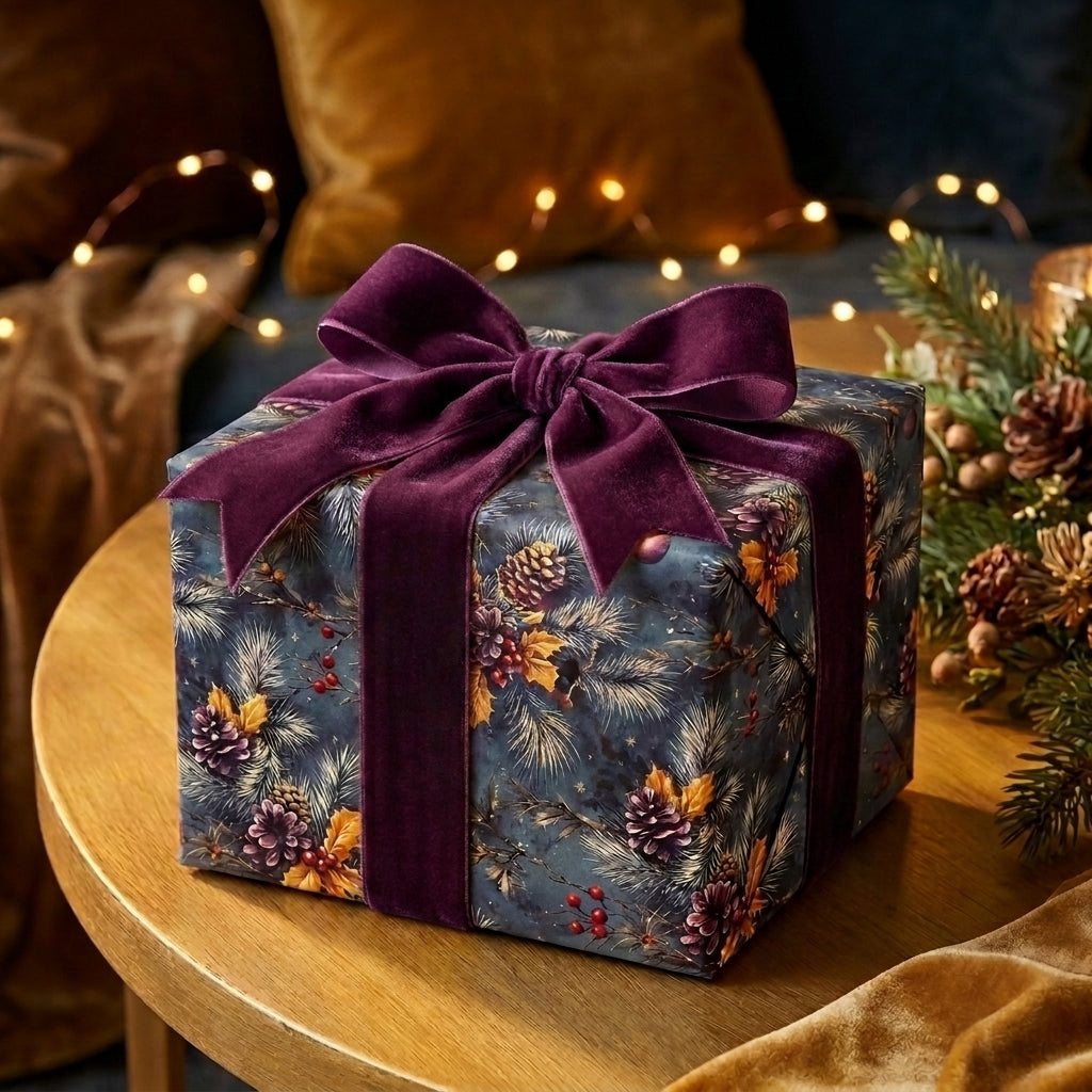 Luxury botanical Christmas wrapping paper with a purple velvet bow by Wrapped Studios.