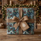 Rustic Christmas wrapping paper with botanical pine and berry print and burlap bow by Wrapped Studios.