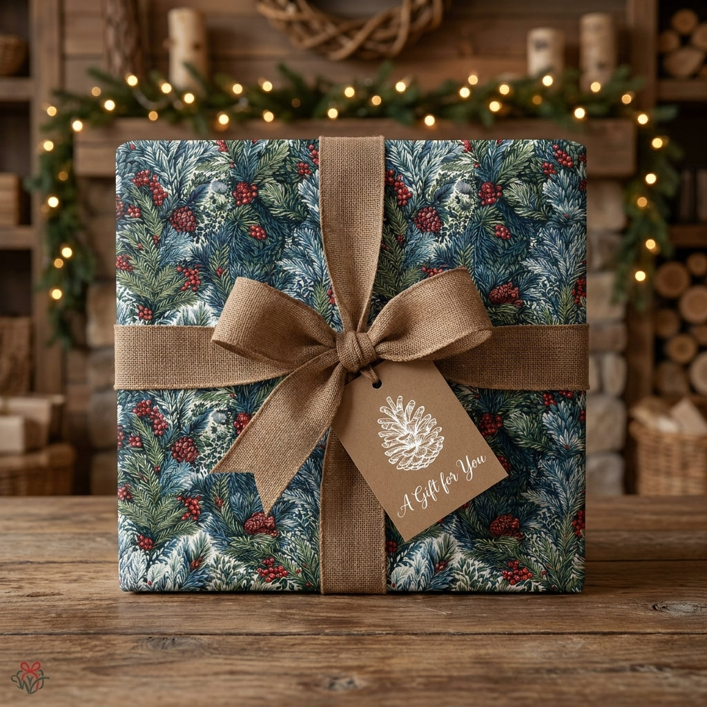Rustic Christmas wrapping paper with botanical pine and berry print and burlap bow by Wrapped Studios.