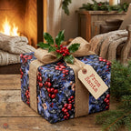 Blue Christmas gift wrap with red berry pattern and burlap ribbon by fireplace, from Wrapped Studios.