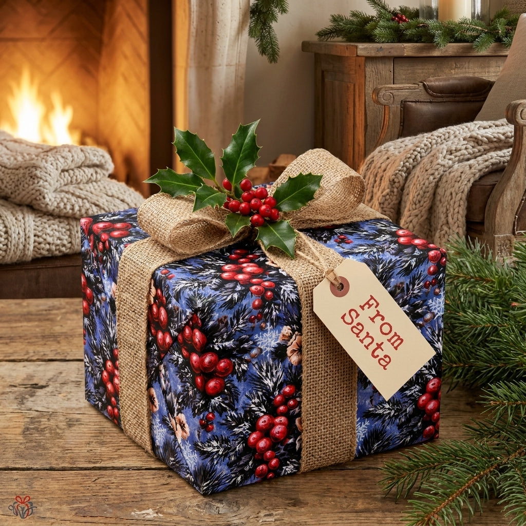 Blue Christmas gift wrap with red berry pattern and burlap ribbon by fireplace, from Wrapped Studios.