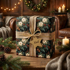 Vintage floral Christmas wrapping paper with poinsettias and a burlap ribbon by Wrapped Studios.