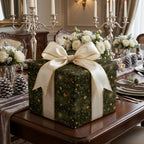 Luxury green botanical Christmas wrapping paper with a cream satin bow by Wrapped Studios.