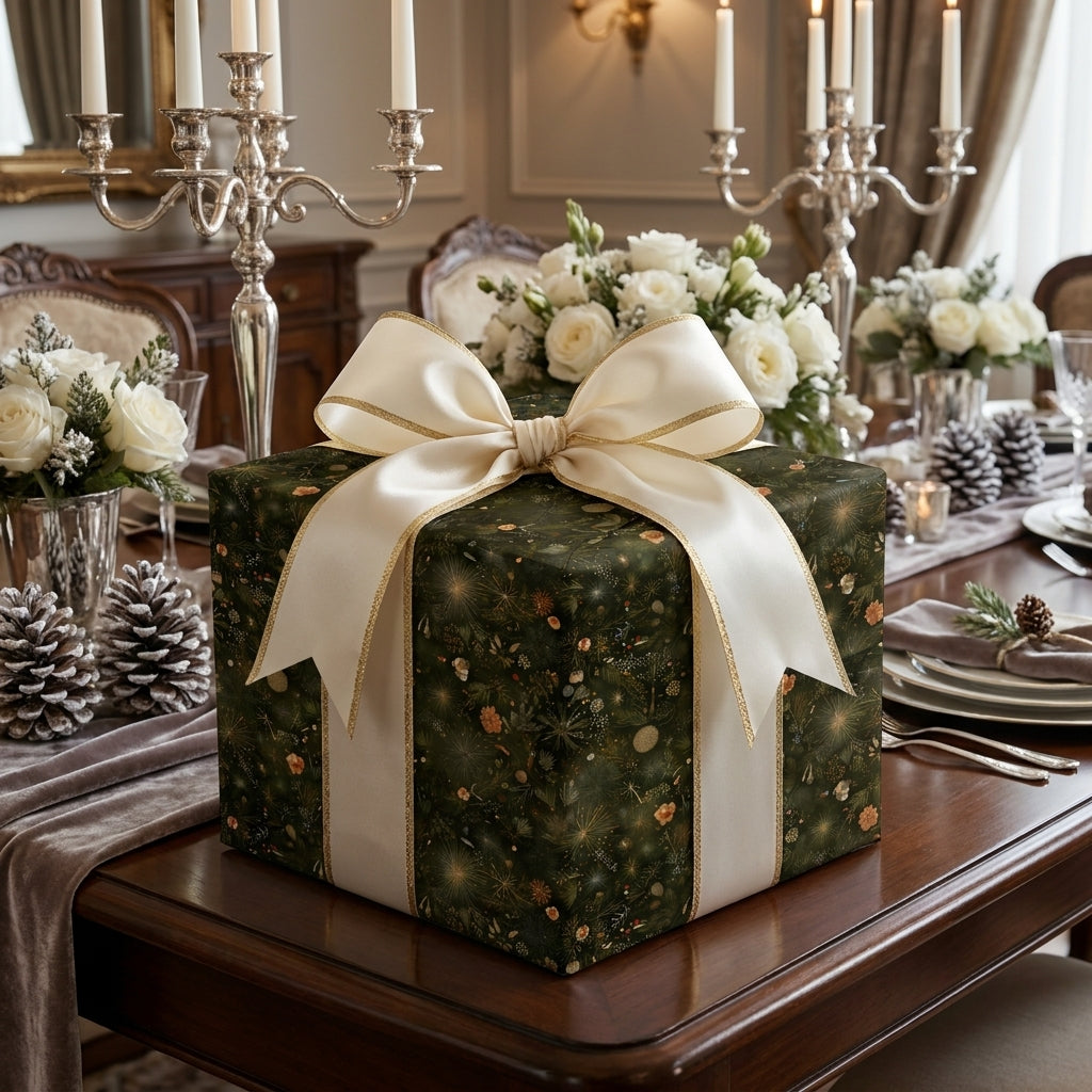 Luxury green botanical Christmas wrapping paper with a cream satin bow by Wrapped Studios.