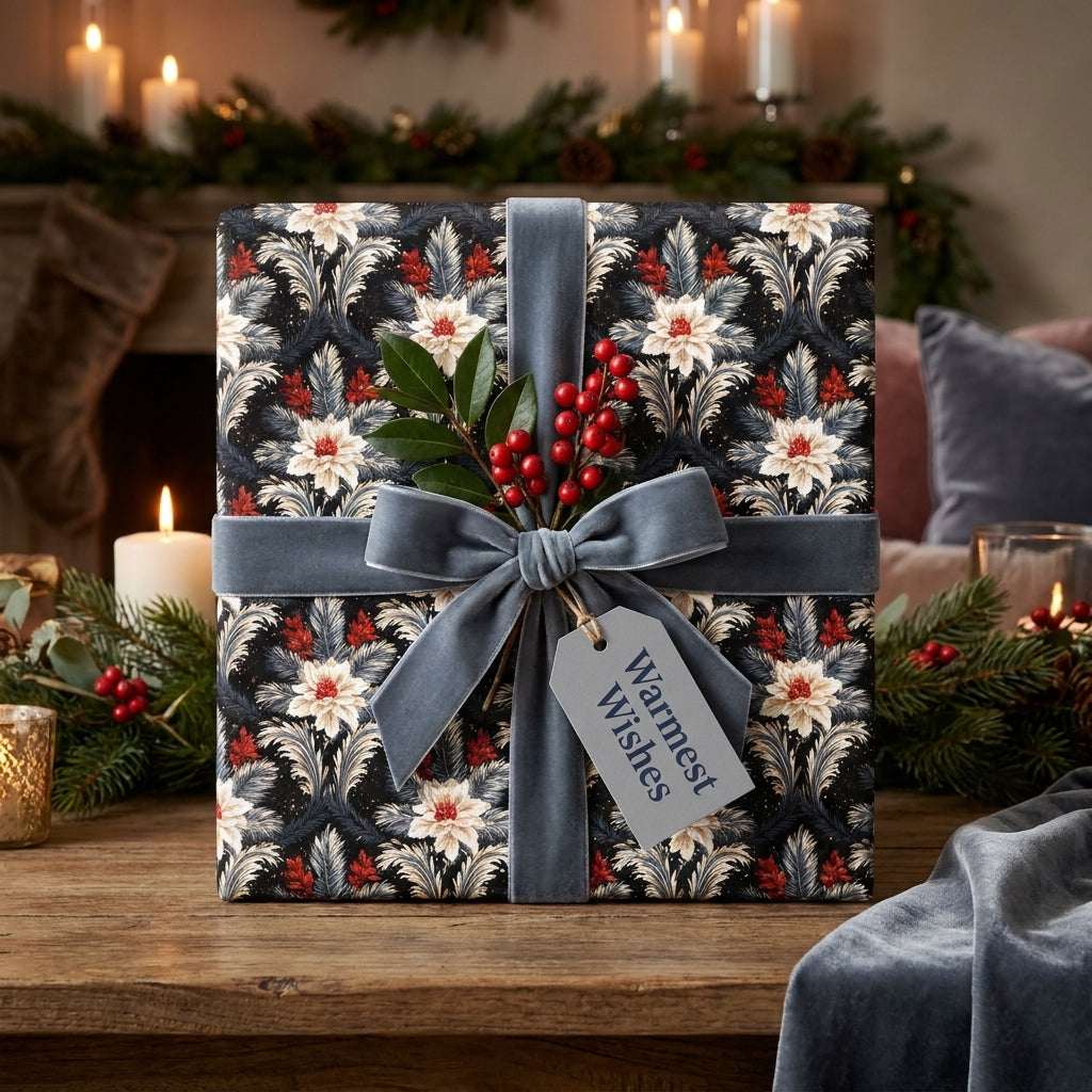 Luxury floral Christmas gift wrap with blue velvet ribbon on a holiday table by Wrapped Studios.