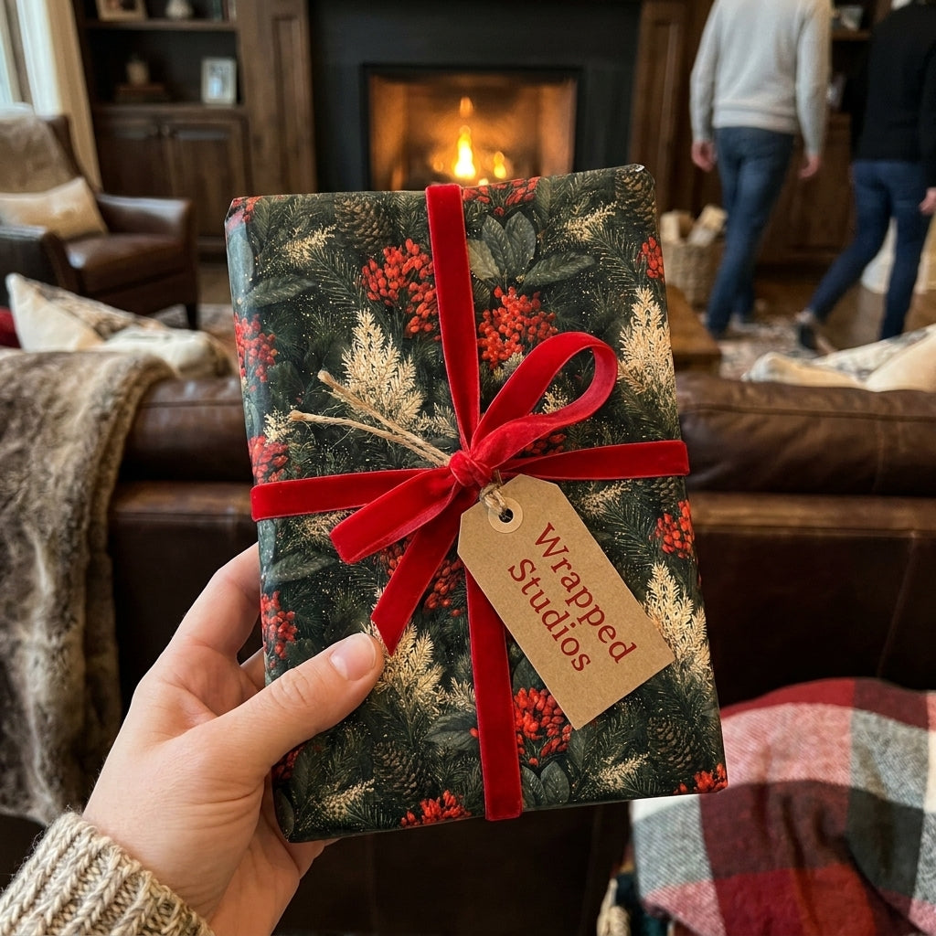 Luxury botanical Christmas wrapping paper with red velvet ribbon and tag, from Wrapped Studios.