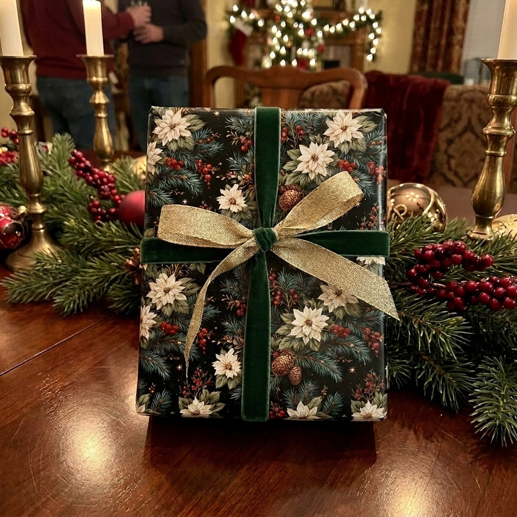 Luxury poinsettia Christmas gift wrap by Wrapped Studios, tied with a green velvet ribbon and gold bow.