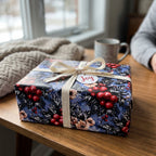 Vintage winter floral Christmas wrapping paper with cream ribbon and Joy tag by Wrapped Studios.