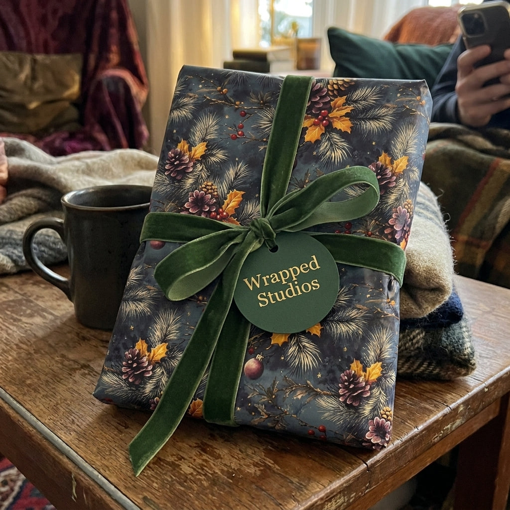 Luxury Christmas wrapping paper with pinecones and green velvet ribbon by Wrapped Studios.