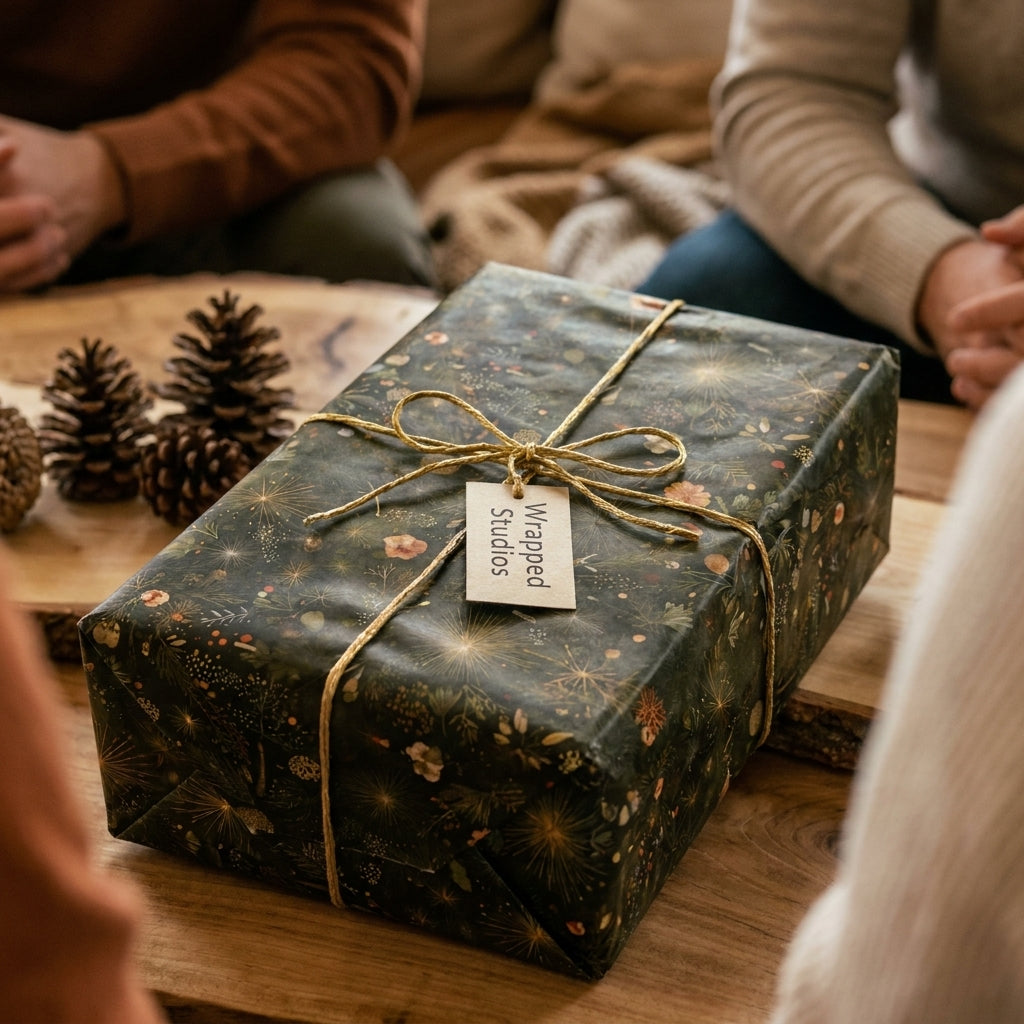 Cozy holiday gift wrapped in dark botanical wrapping paper by Wrapped Studios with rustic gold twine.