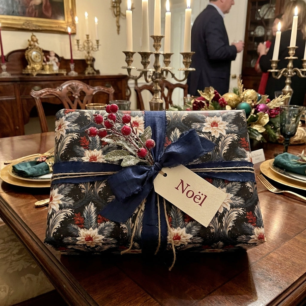 Luxury floral Christmas wrapping paper with blue ribbon on a holiday table by Wrapped Studios.