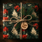 Rustic Christmas wrapping paper with pine tree design and 'For Him' wooden tag by Wrapped Studios.