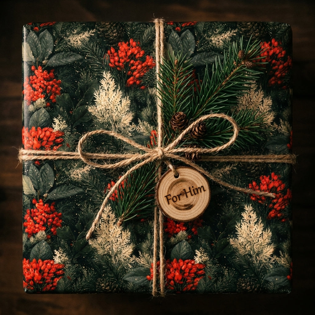 Rustic Christmas wrapping paper with pine tree design and 'For Him' wooden tag by Wrapped Studios.