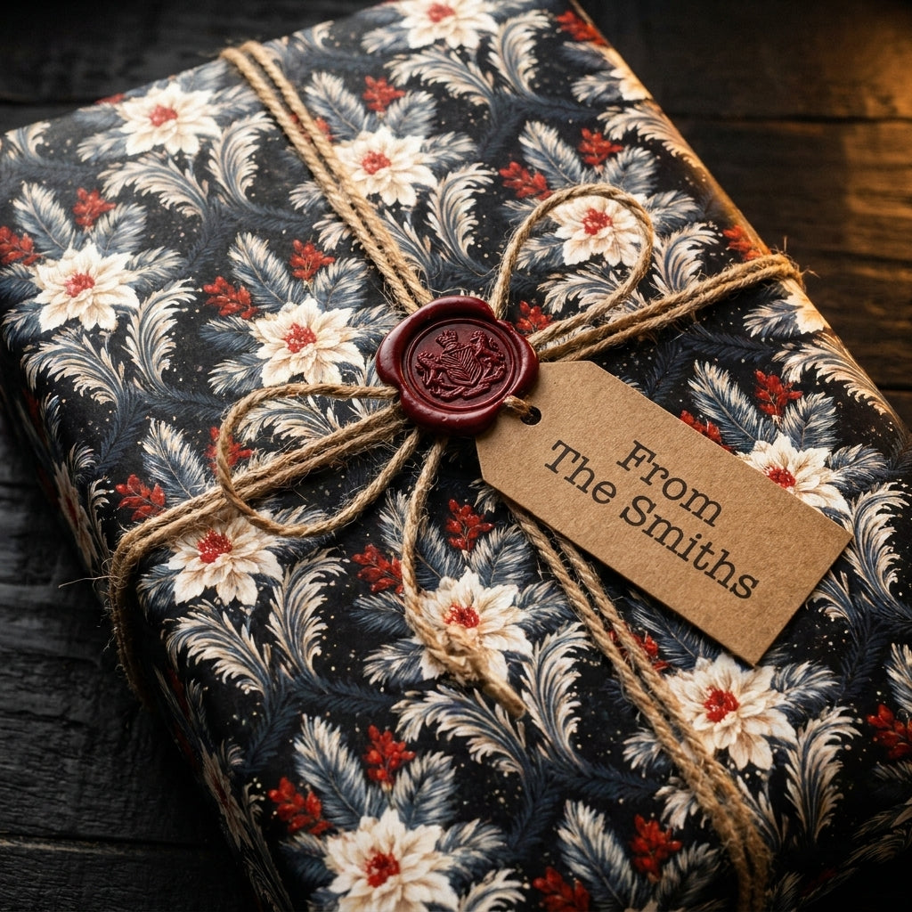 Vintage floral Christmas wrapping paper with twine, wax seal, and gift tag by Wrapped Studios.