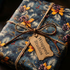 Luxury Christmas wrapping paper with botanical pine pattern, tied with rustic twine by Wrapped Studios.