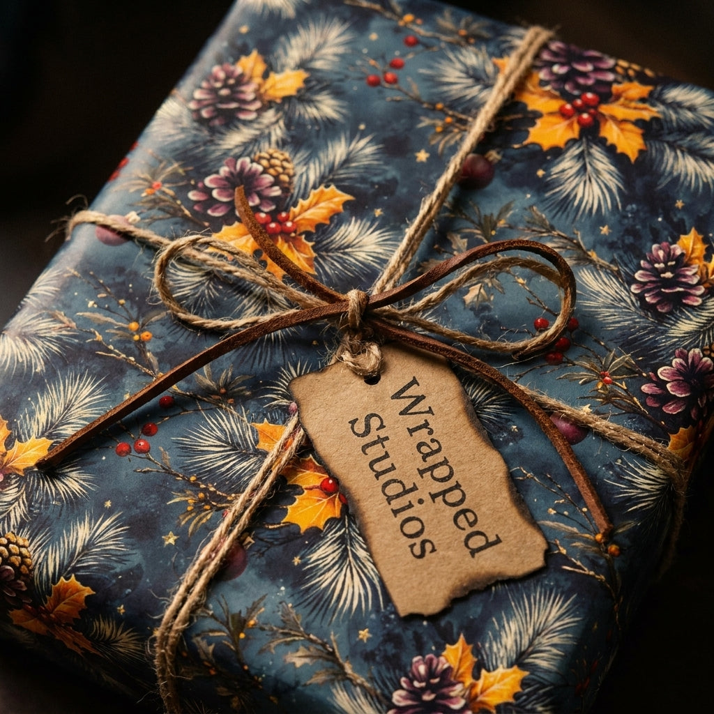 Luxury Christmas wrapping paper with botanical pine pattern, tied with rustic twine by Wrapped Studios.