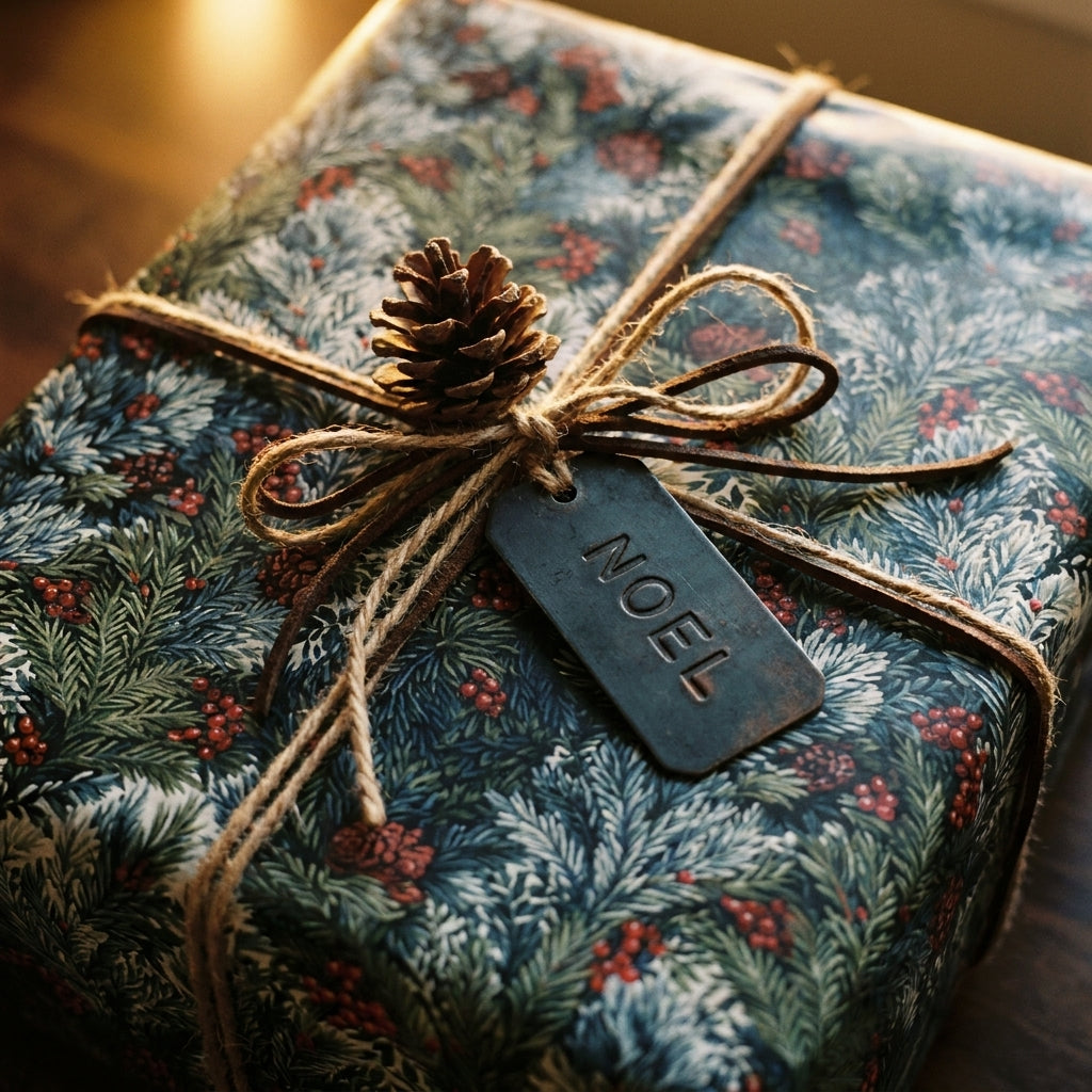Rustic Christmas gift wrap with pine branch pattern, twine bow, and Noel tag by Wrapped Studios.