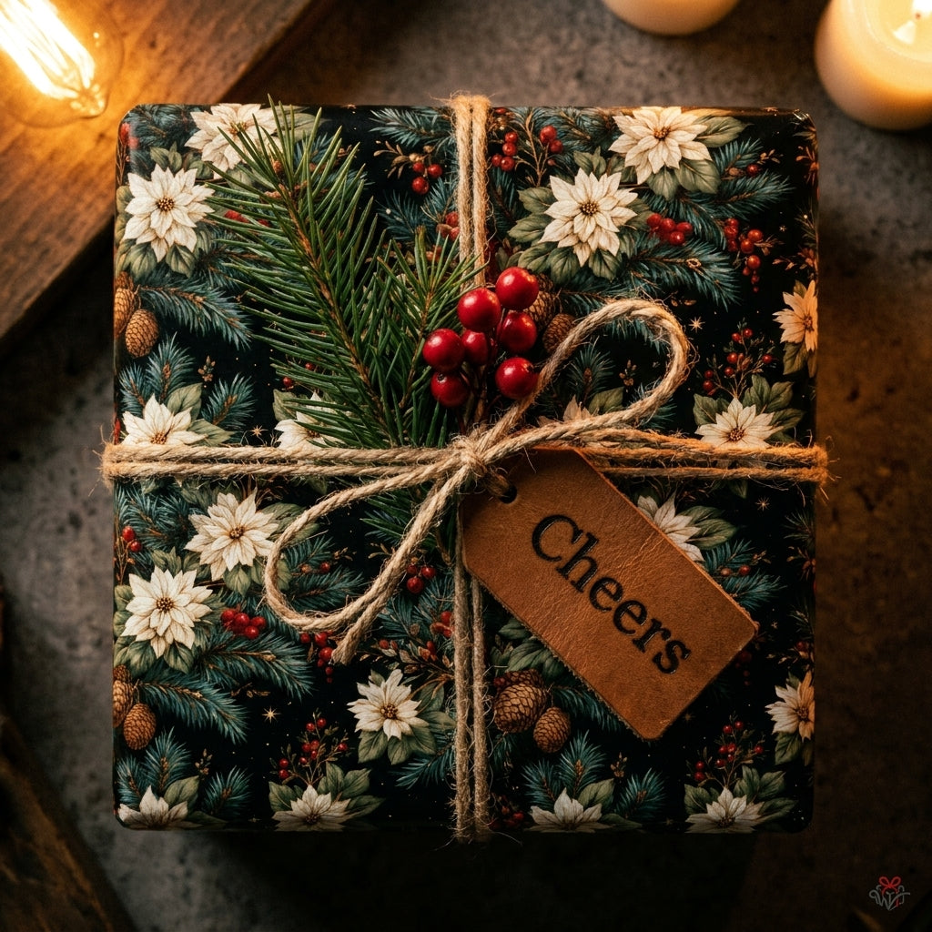 Elegant poinsettia Christmas wrapping paper with rustic twine and Cheers tag by Wrapped Studios.