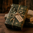 Rustic botanical Christmas gift wrap by Wrapped Studios, tied with twine and eucalyptus.